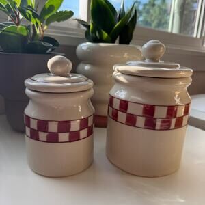 Hartstone USA 1983 Vintage Red Checkered Canisters Set of 2 With Lids